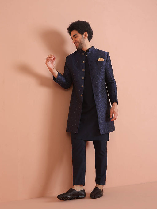 KISAH Men Navy Blue Silk Blend Jacquard Kurta Indowestern Sherwani Trouser Set with Ethnic Motifs