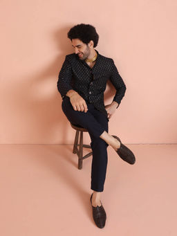 KISAH - Men Navy Blue Textured Silk Blend Jacquard Jodhpuri Bandhgala Trouser Set with Self Design