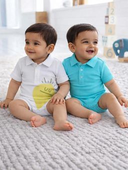 Somersault - Pack of 2 Boys Placement Print White and Blue Bodysuits