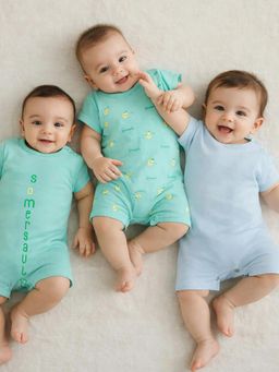 Somersault - Pack of 3 Boys All Over Print Green and Blue Half Sleeve Rompers