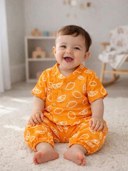 Somersault - Boys All Over Print Orange Woven Jhabla and Pyjama