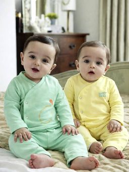 Somersault - Pack of 2 Boys Solid Green and Yellow Knit Jhabla and Pyjama