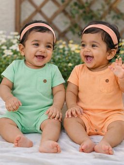 Somersault - Pack of 2 Girls Solid Orange and Green Knit Half Sleeve Rompers