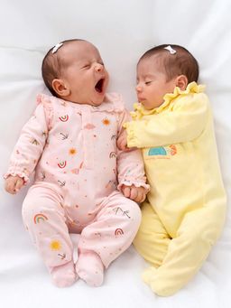 Somersault - Pack of 2 Girls All Over Print Pink and Yellow Interlock Footed Sleepsuits