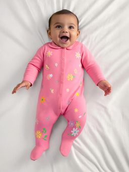 Somersault - Girls Placement Print Pink Interlock Footed Sleepsuit