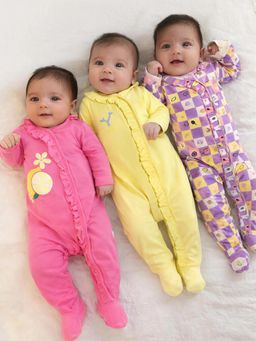 Somersault - Pack of 3 Girls All Over PrintMulticolor Interlock Footed Sleepsuits