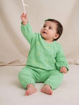 Somersault - Girls Solid Green Embbroidered Jhabla and Joggers