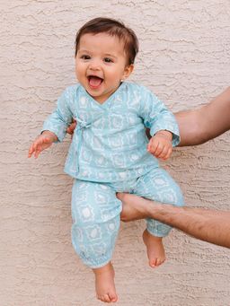 Somersault - Girls All Over Print Blue Woven Jhabla and Joggers
