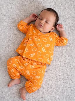 Somersault - Girls All Over Print Orange Woven Jhabla and Joggers