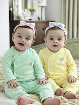 Somersault - Pack of 2 Girls Solid Green and Yellow Knit Jhabla and Pyjama
