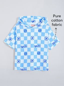 Hopscotch - Blue Checkered Spider Man Cotton Hooded T-shirt