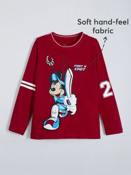 Hopscotch - Maroon Mickey Mouse Puff Print Cotton T-shirt