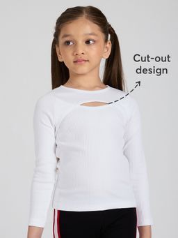 Hopscotch - White Cut-Out Shoulder Ribbed Skinny Fit T-shirt