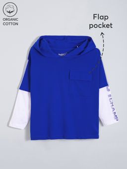 Hopscotch - Blue Hooded Athletic Contrast Sleeve Relaxed T-shirt