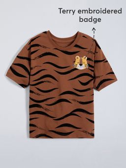 Hopscotch - Brown Tiger Embroidered Cotton T-shirt