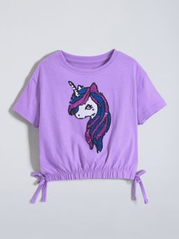 Hopscotch - Lavender Sequin Embellished Cotton Relaxed T-shirt