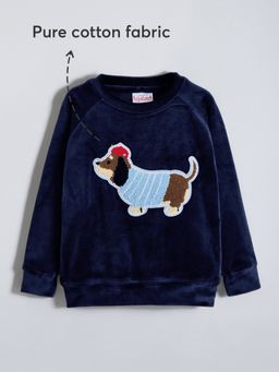 Hopscotch - Navy Blue Chenille Embroidered Puppy Cotton Sweatshirt