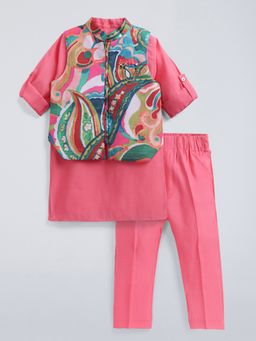 Hopscotch - Pink Abstract Mandarin Collar Kurta-Pyjama with Jacket and Brooch Pin