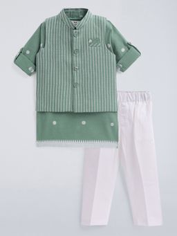 Hopscotch - Green Embroidered Cotton Kurta and Pyjama with Jacket