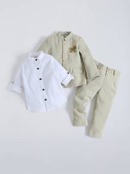 Hopscotch - Beige Lion Sequined Coat and Shirt with Pant