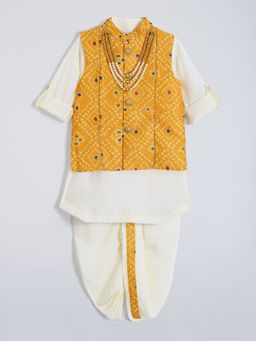 Hopscotch - Orange Embroidered Bandhani Jacket and Kurta-Dhoti with Necklace