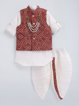 Hopscotch - Rust Embroidered Lace Bandhani Jacket and Kurt-Dhoti with Necklace