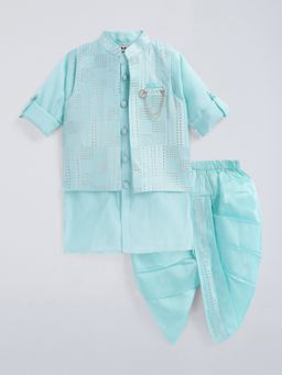 Hopscotch - Blue Sequin Embellished Jacket and Kurta-Dhoti with Brooch Pin