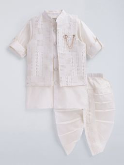 Hopscotch - Off White Sequin Embellished Jacket and Kurta-Dhoti with Brooch Pin