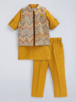 Hopscotch - Mustard Zigzag Embroidery Jacket and Kurta with Pyjama