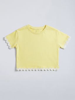 Hopscotch - Yellow Scalloped Lace Cotton T-shirt