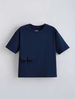 Hopscotch - Navy Blue Flap Pocket Cotton T-shirt