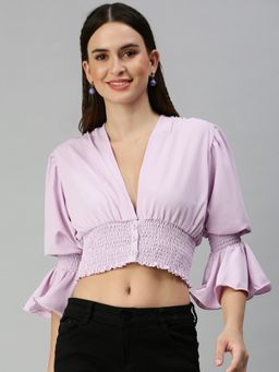 SHOWOFF - Women Plunging Neck Solid Lavender Crop Top