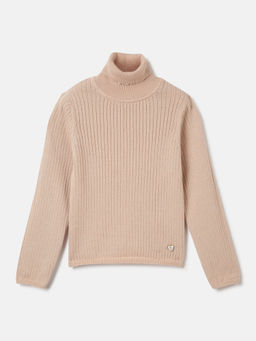 ELLE - Girls Beige Solid Turtle Neck Full Sleeves Sweater