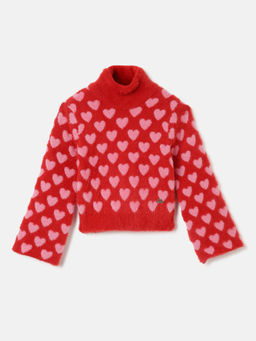 ELLE - Girls Red-Pink Self-Design Full Sleeves Sweater
