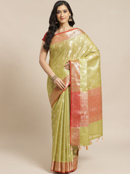 Indethnic - Banarasi Olive Woven Design Festive Wear Saree With Unstitched Blouse