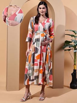 Moms Maternity - Geomatric Cotton Slub Maternity Maxi Wrap Dress