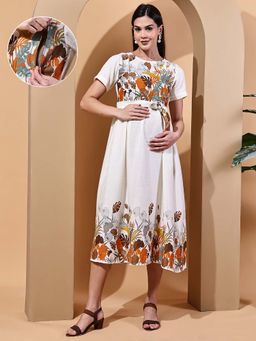 Moms Maternity - Floral Boarder Cotton Slub Maternity Midi Dress