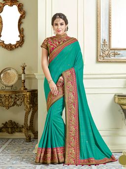 Odette - Rama Green Two Tone Silk Designer Saree with Unstitched Blouse