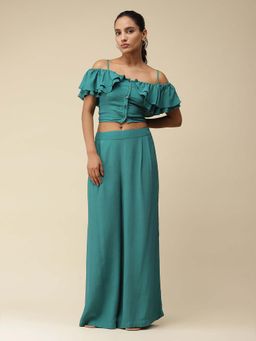 Label Ritu Kumar - Emerald Ruffled Crop Top with Solid Pants (Set of 2)