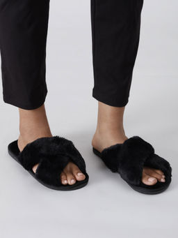 Twenty Dresses by Nykaa Fashion - Black Crossed Your Mind Fur Slippers