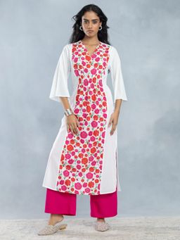 SHAYE - V-Neck White Floral Print Ethnic Kurta with Palazzo for Women (Set of 2)