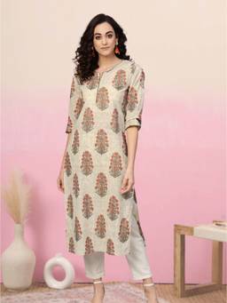 Yash Gallery - Women'S Beige Cotton Cambric Floral Straight Kurta