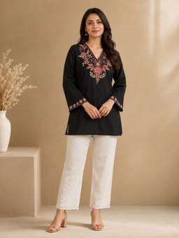 Jaipur Kurti - Black Floral Embroidered Straight Pure Cotton Kurta