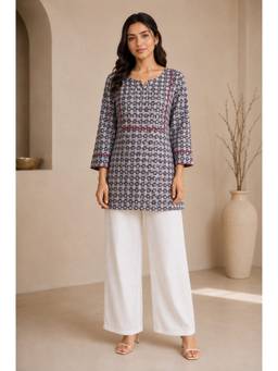 Jaipur Kurti - Grey Floral Embroidered Straight Pure Cotton Kurta