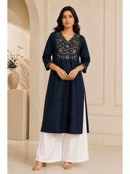 Jaipur Kurti - Blue Floral Embroidered Straight Viscose Rayon Kurta
