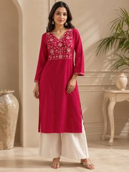 Jaipur Kurti - Pink Floral Embroidered Straight Viscose Rayon Kurta