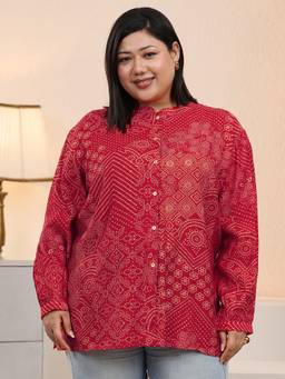 Extra love by Libas - Plus Size Red Bandhani Printed Panelled Shirt