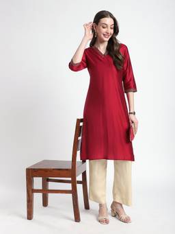 R&B - Women Red Solid/Plain V-Neck Rayon Blend Kurta