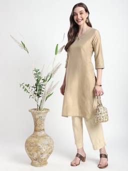 R&B - Women Beige Solid/Plain V-Neck Rayon Blend Kurta