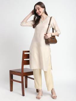 R&B - Women Cream Solid/Plain V-Neck Rayon Blend Kurta